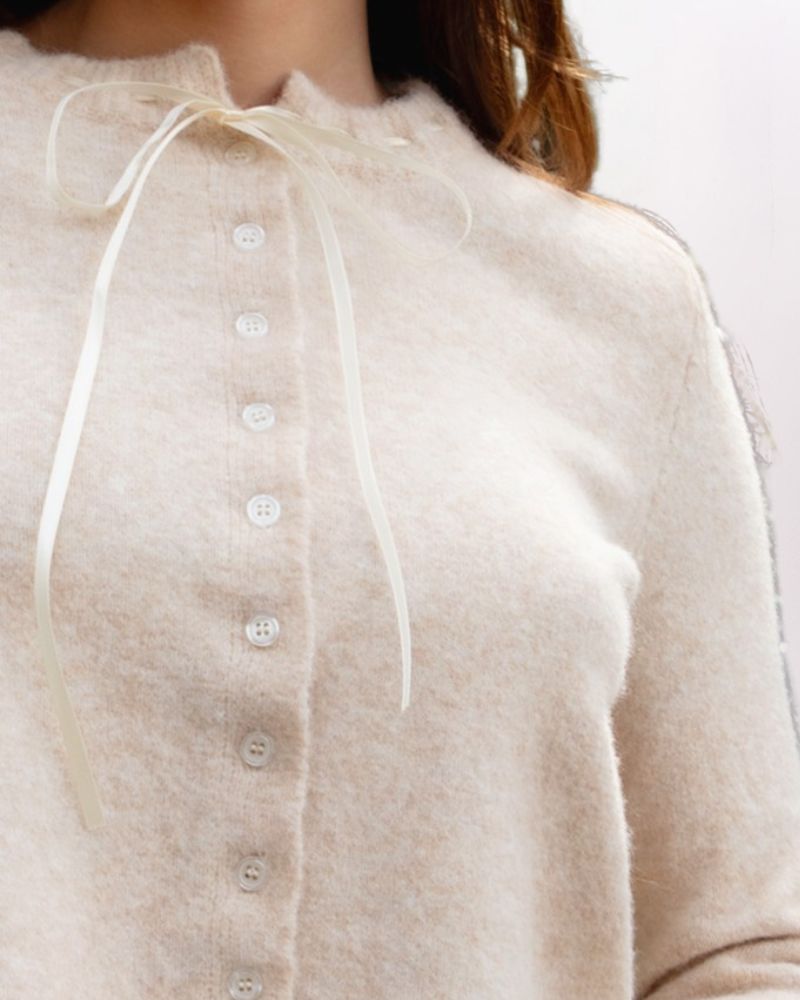 COZY RIBBON TIE CARDIGAN, OATMEAL