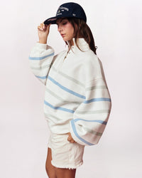 STRIPED QUARTER SNAP SWEATSHIRT, WHITE/BLUE