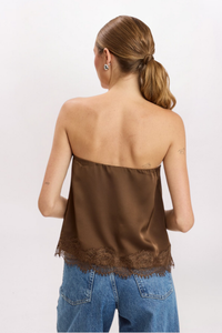 LACE HEM SATIN TOP, BROWN