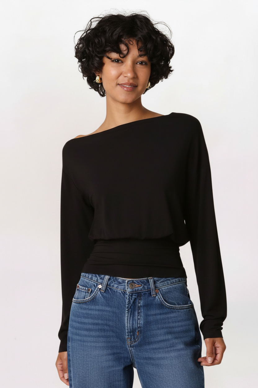 FITTED WAIST DRAPE TOP, BLACK
