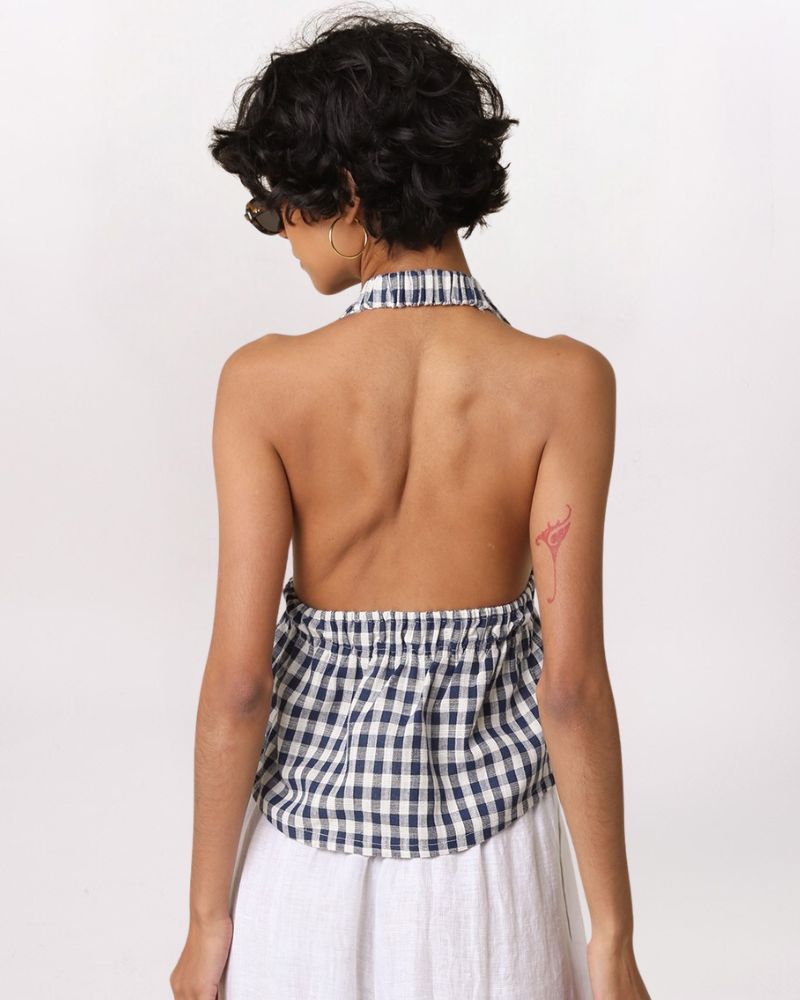 TIE FRONT GINGHAM HALTER TOP, NAVY