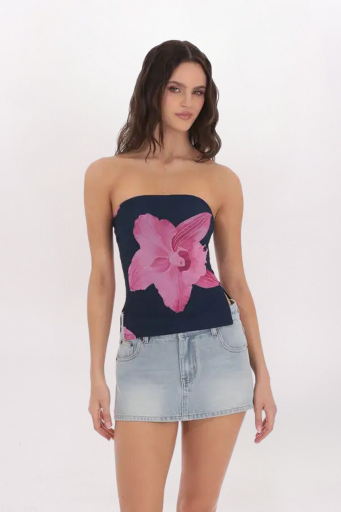 FLORAL MESH SLIT DETAIL TUBE TOP