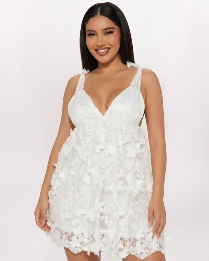 SL 3D BUTTERFLY APLQ TIE SHLDR DRESS, WHITE