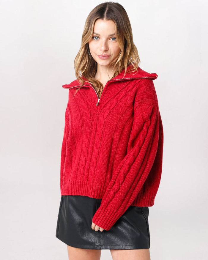 HALF ZIP CABLE COLLARED SWEATER, RED