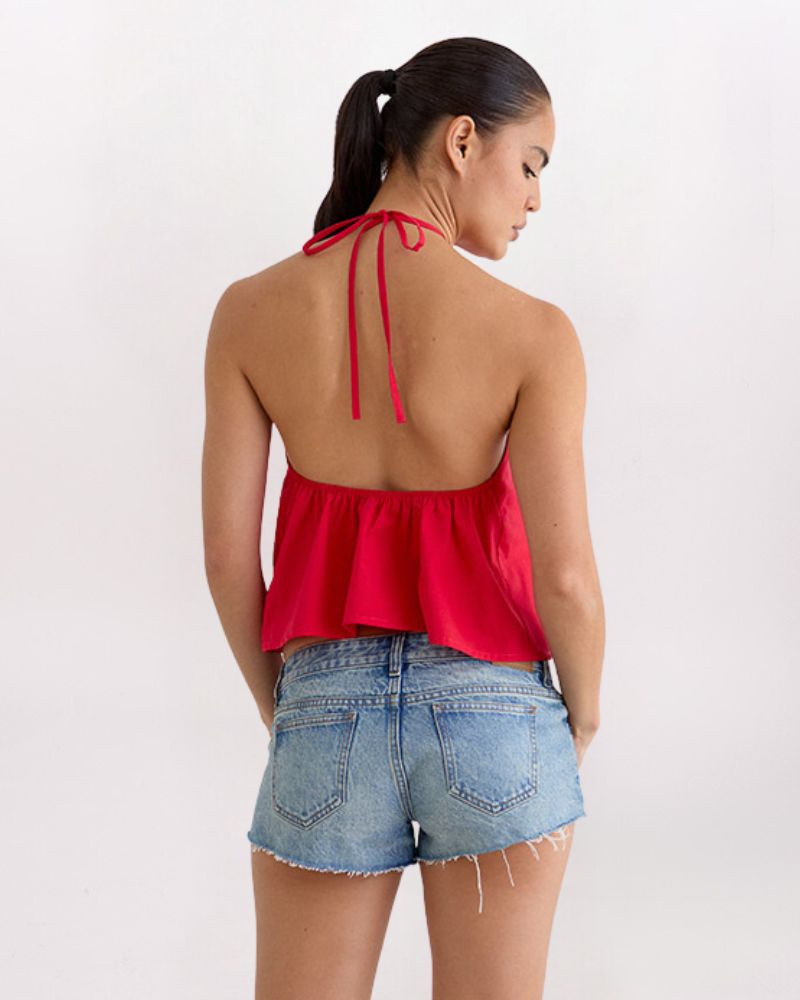 HALTER FLOUNCE TOP, RED