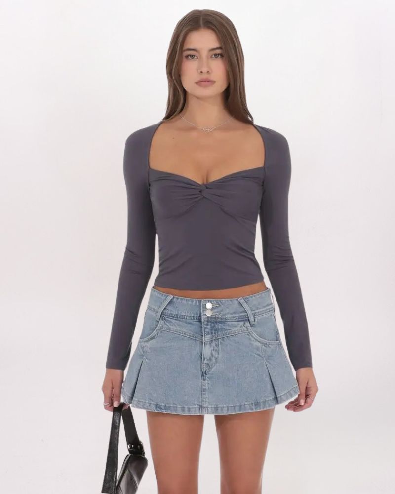 PLEATED FLARE DENIM MINI SKORT