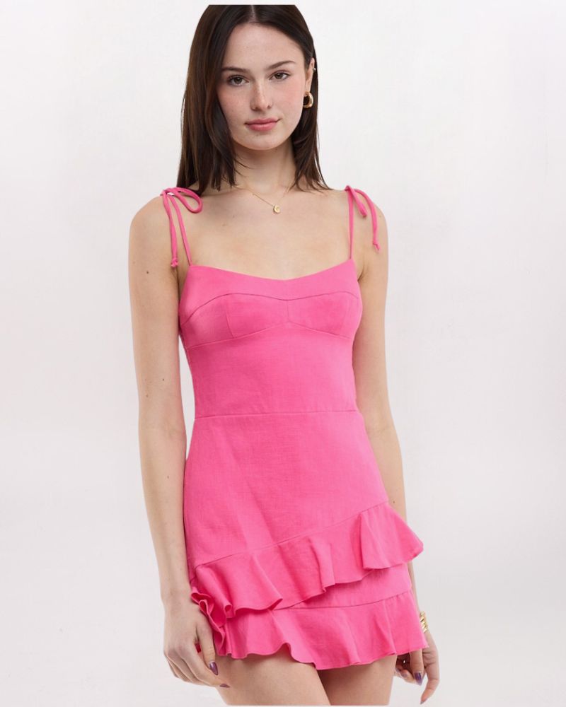TIE STRAP FLUTTER HEM DRESS, PINK