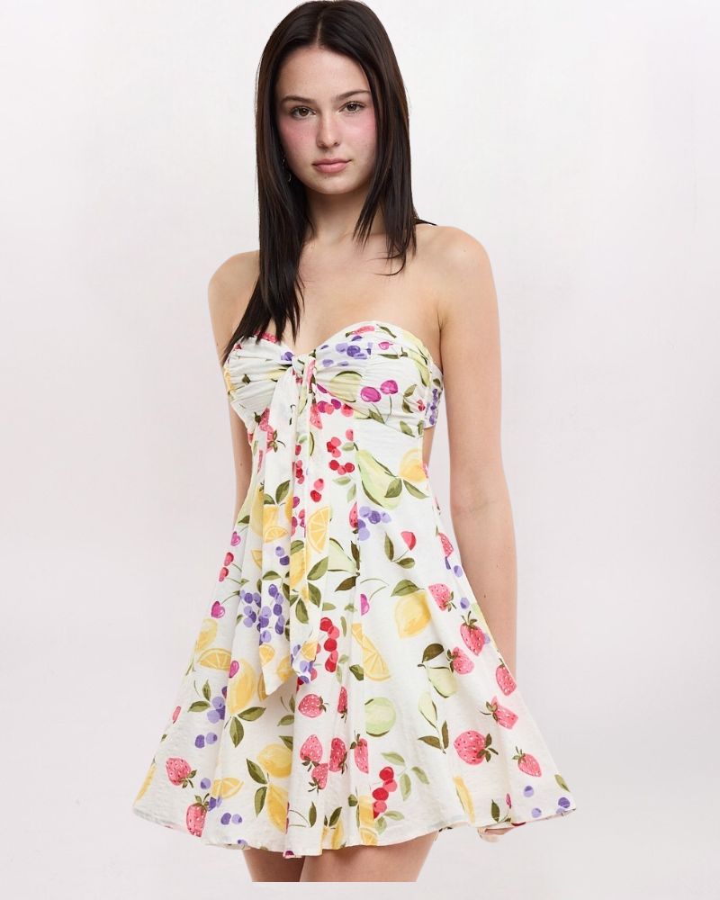 KNOT FRONT OPEN BACK DRESS, FRUIT COCKTAIL
