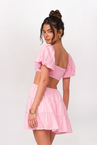 PUFF SLEEVE SIDE CUTOUT DRESS - BUBBLE PINK