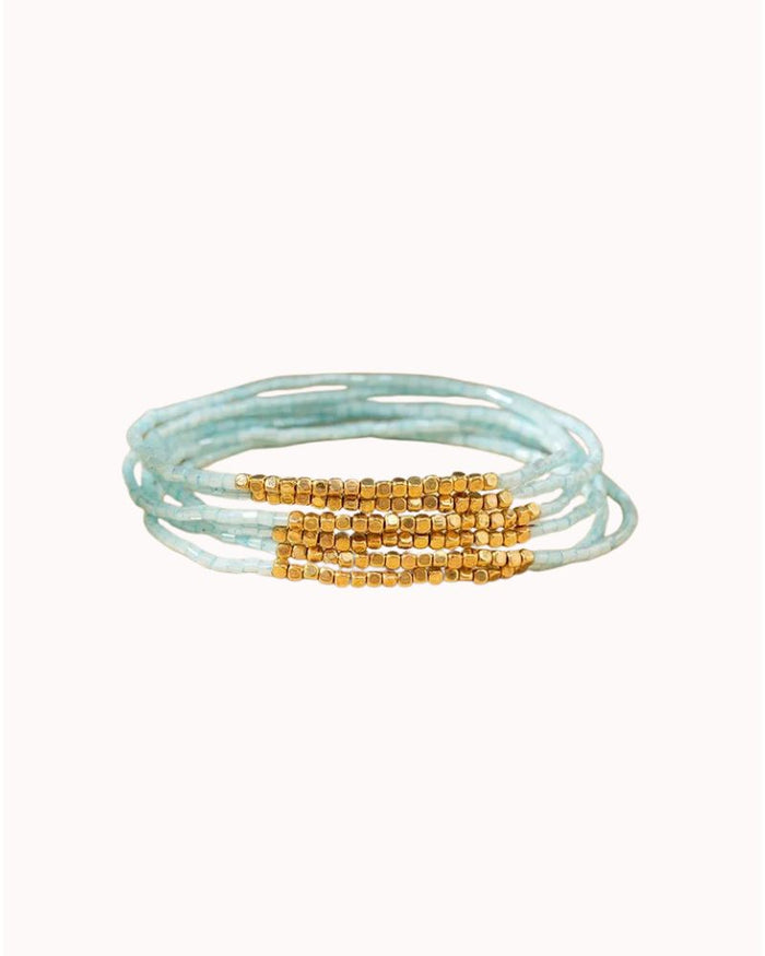 RICE BEAD BRACELET SET - LT BLUE/GOLD