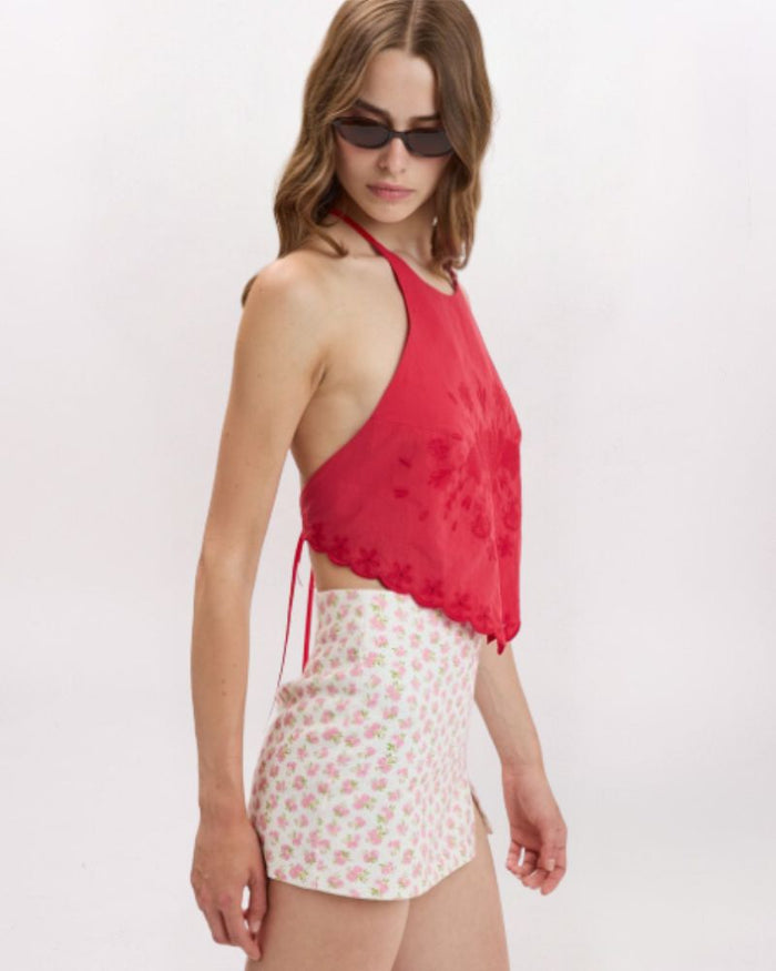HIGH NECK EMBROIDERED TOP, RED