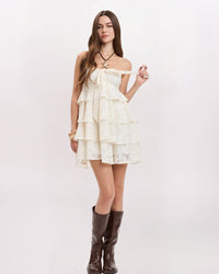 TEXTURED FLORAL TIERED DRESS, CREAM