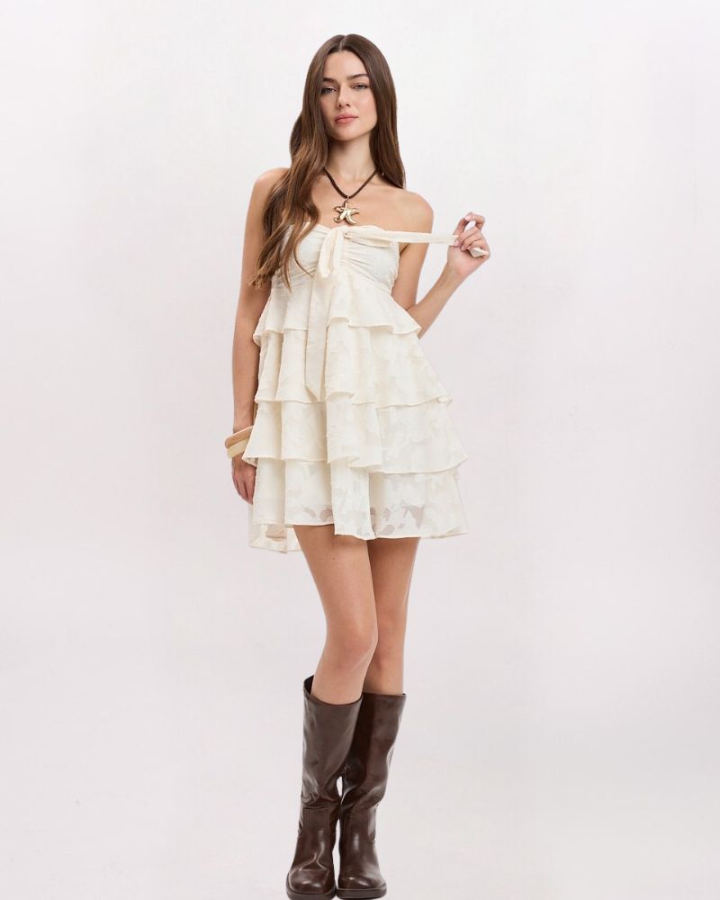 TEXTURED FLORAL TIERED DRESS, CREAM
