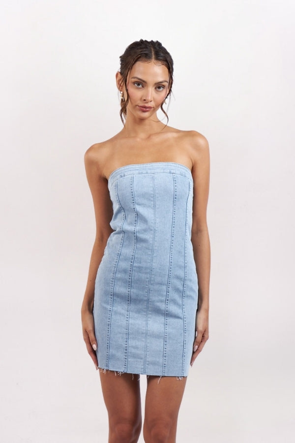 DENIM PANELED MINI DRESS