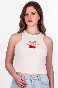 BOW & CHERRIES EMBROIDERED TANK