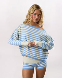 OFF SHOULDER STRIPED SWEATER & SHORT, LT BLUE