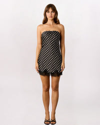 STRAPLESS LACE TRIM POLKA DOT DRESS, BLACK