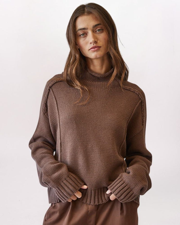 EXPOSED SEAM MOCK NECK SWEATER - CHOCO