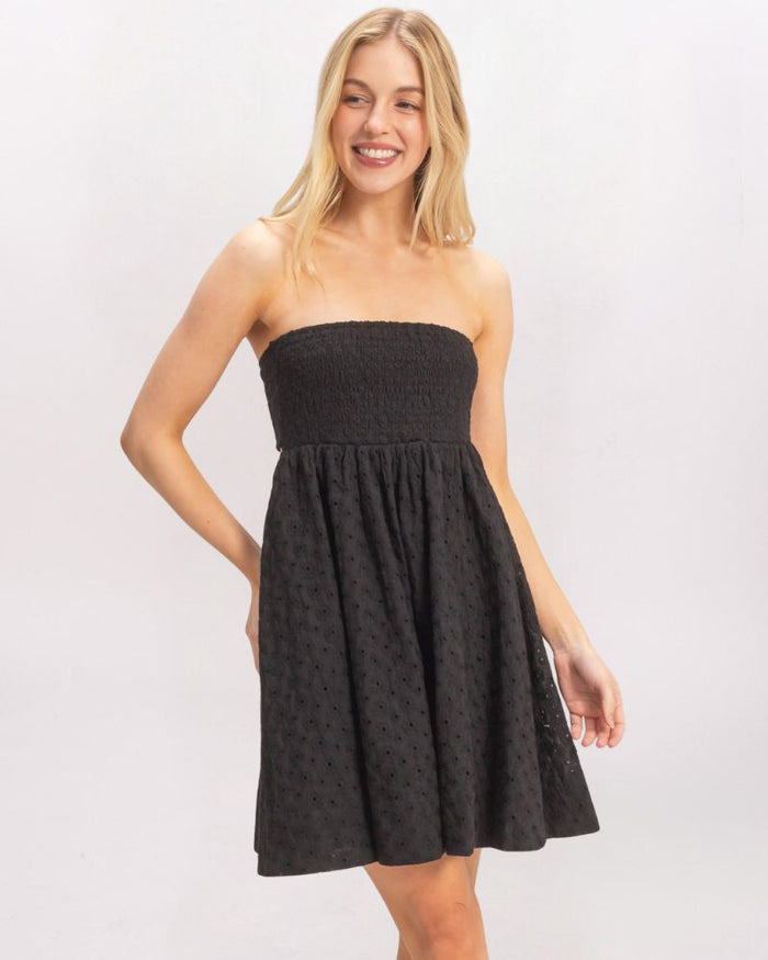 STRAPLESS TIE BACK SMOCKED DRESS, BLACK