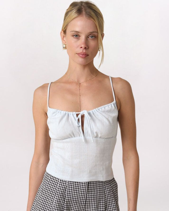TIE FRONT POINTELLE TANK, BABY BLUE