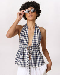 TIE FRONT GINGHAM HALTER TOP, NAVY