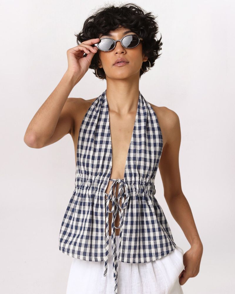 TIE FRONT GINGHAM HALTER TOP, NAVY