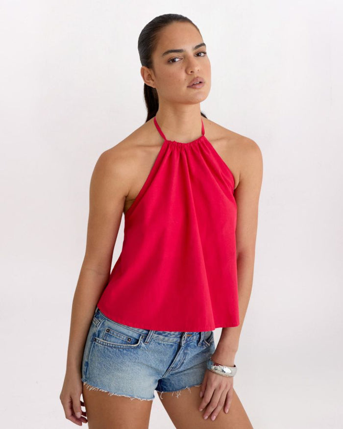 HALTER FLOUNCE TOP, RED
