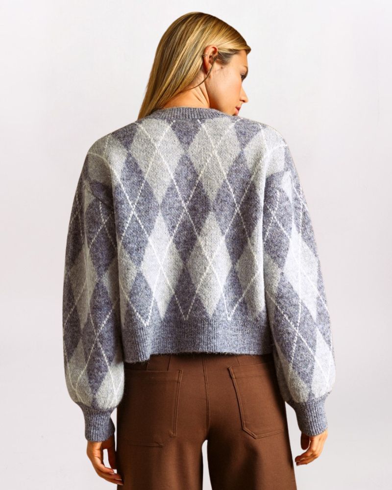 COZY ARGYLE CARDIGAN, H GREY