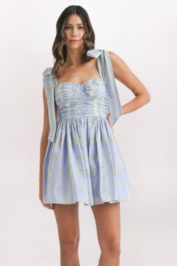 FLORAL WALLPAPER TIE SHOULDER DRESS
