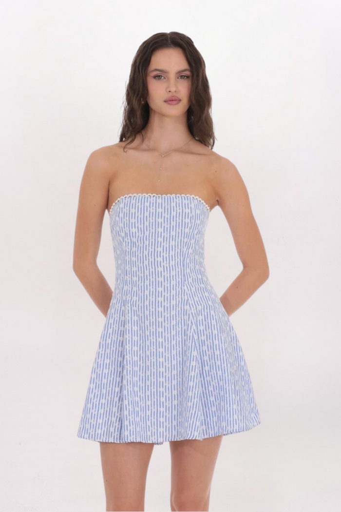 STRAPLESS STRIPED FLORAL DRESS