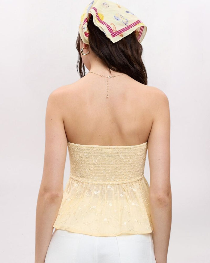 STRAPLESS EMBROIDERED FLY AWAY TOP, VANILLA