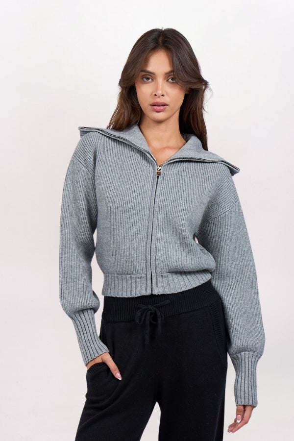 SHAWL COLLAR ZIP SWEATER - GREY