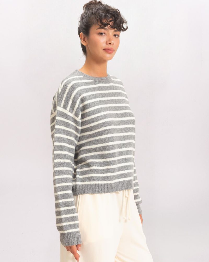 STRIPED CREW NECK SWEATER, H GRAY