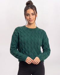 CHENILLE BRAIDED CABLE SWEATER, DK GREEN