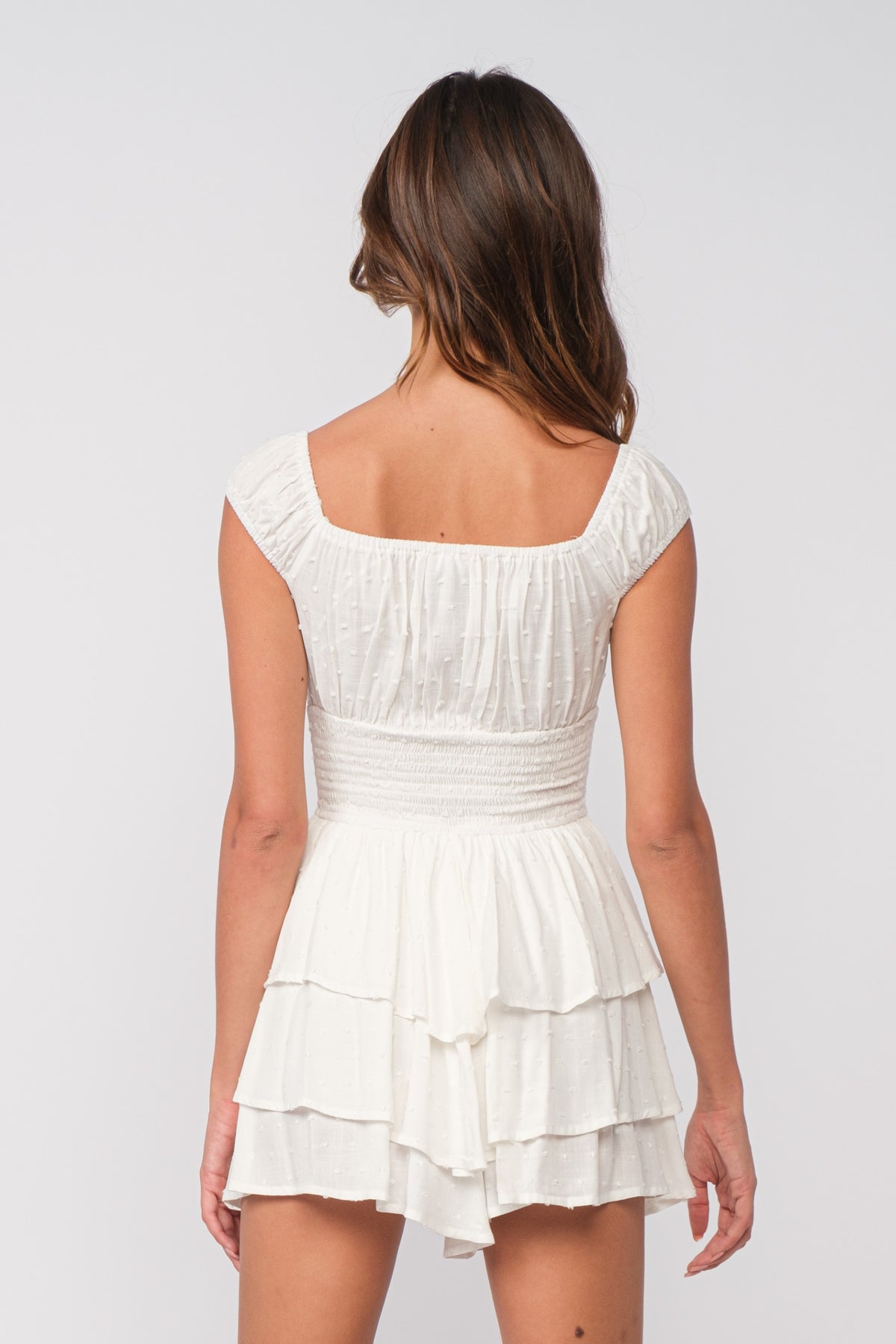 CLIP DOT SMOCK WAIST RUFFLE ROMPER, WHITE