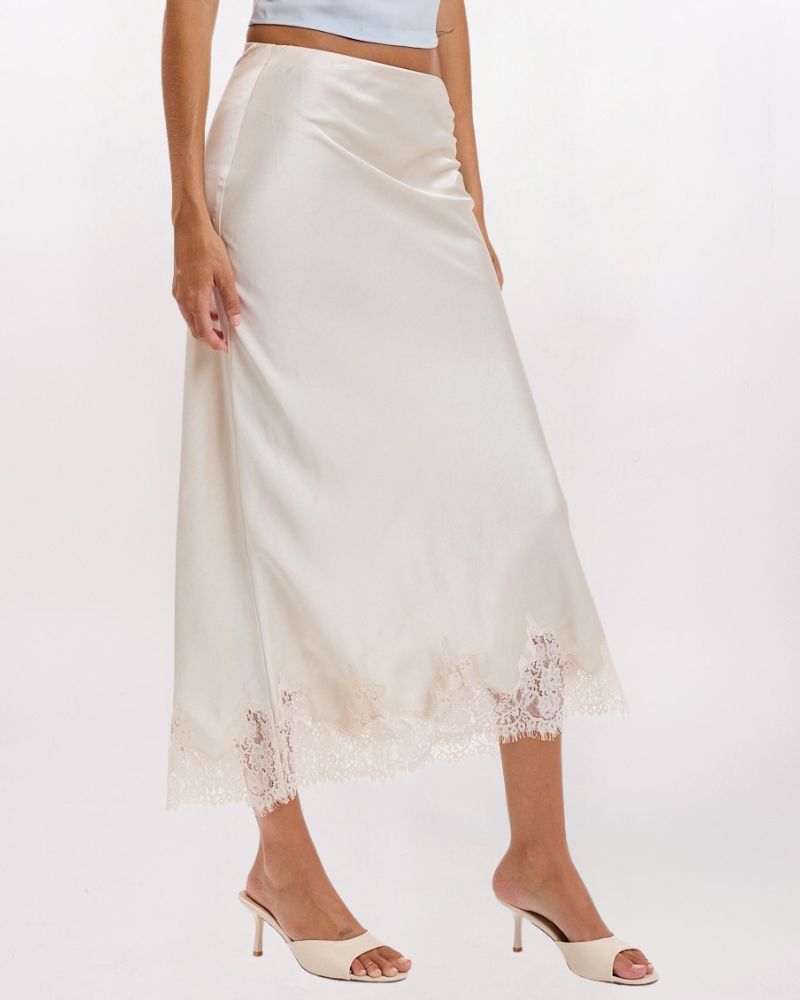 LACE HEM SATIN MAXI SKIRT, CHAMPAGNE