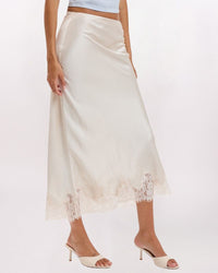 LACE HEM SATIN MAXI SKIRT, CHAMPAGNE