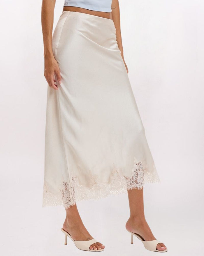 LACE HEM SATIN MAXI SKIRT, CHAMPAGNE