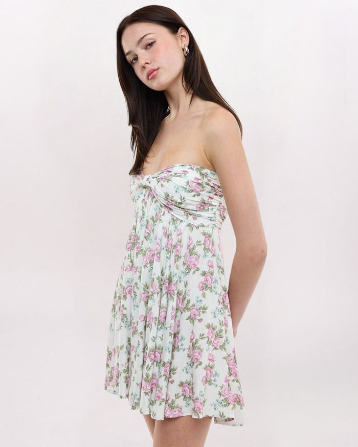 STRAPLESS KNOT DETAIL ROSES DRESS, PLUM FL