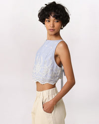 EYELET BORDER SEERSUCKER TOP, BLUE