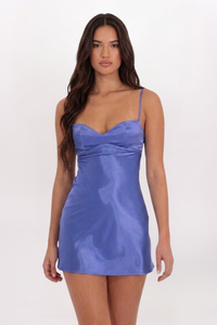 SATIN SWEETHEART NECK TIE BACK DRESS, PERIWINKLE