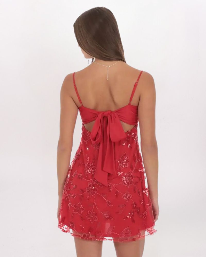 SEQUIN FLORAL EMBROIDERED BABYDOLL DRESS