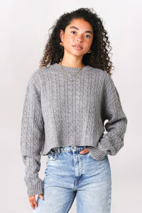 BOXY CABLE SWEATER, HEATHER GREY