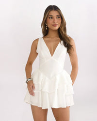 FAUX HALTER V-NECK DRESS - WHITE
