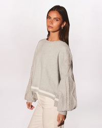 CABLE KNIT SLEEVE SWEATSHIRT, H GREY