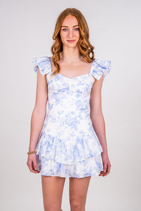 TOILE FLORAL RUFFLE DRESS, BLUE