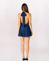 HIGH NECK STRIPED HALTER DRESS, NAVY