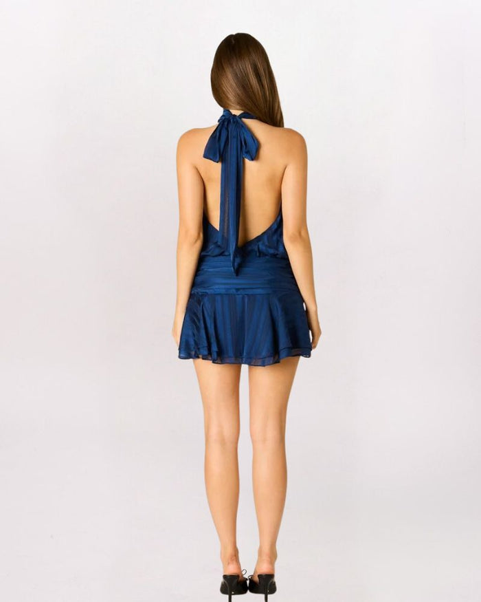 HIGH NECK STRIPED HALTER DRESS, NAVY