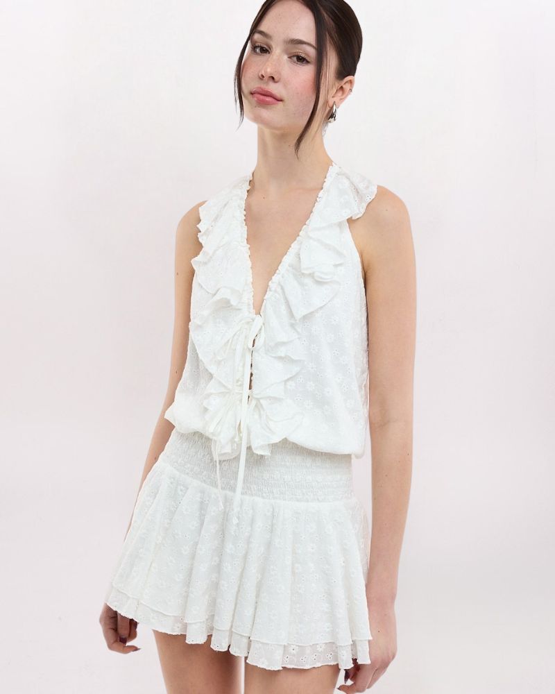 EYELET RUFFLE MINI DRESS, WHITE