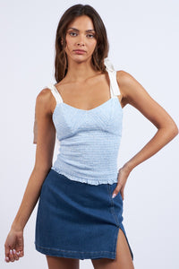 FLORAL SMOCKED TIE BACK TANK, COOL LYRICS BLUE